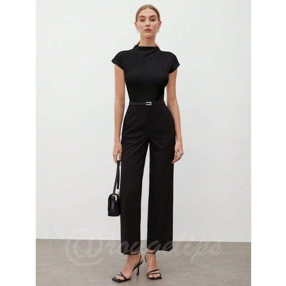 Black High Neck Cap Short Sleeve Tee Shirt - Picture 5 of 12